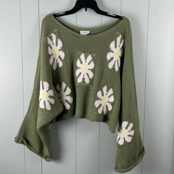 Storia, Forest/Olive Green, Retro Fall Oversize Bell Flare Daisy Sleeves Sweater - Picture 2 of 4